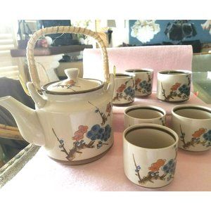 Vintage Pottery Stoneware Japanese Tea set, flower design in cobalt blue 8 piece